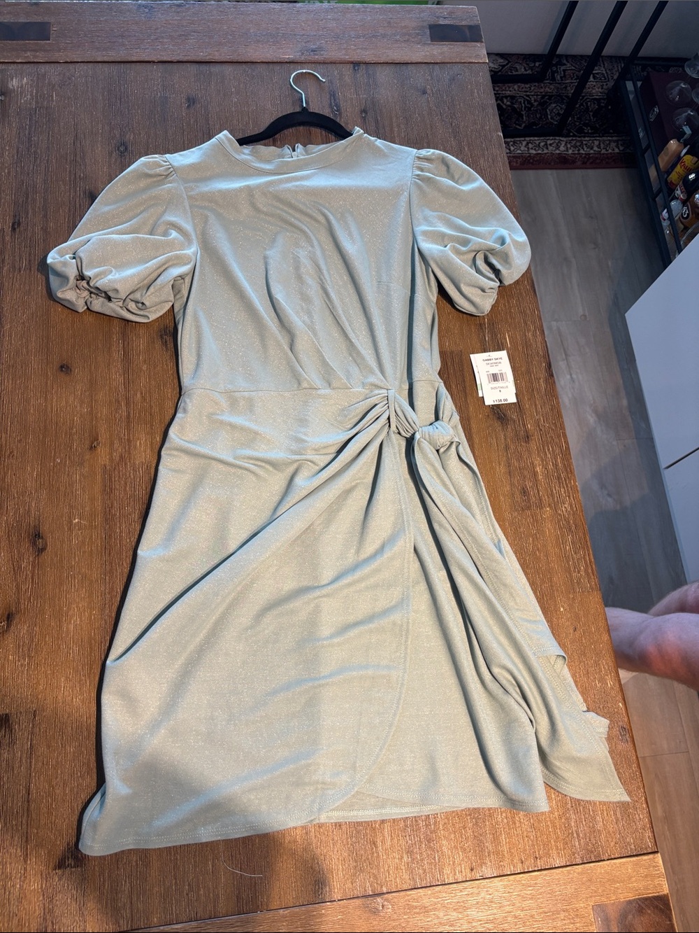 Gabby Skye Light Blue Puff-Sleeve Knot Wrap Midi Dress